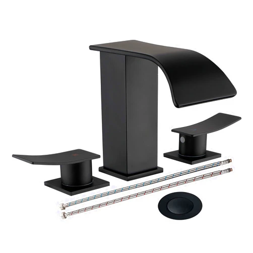 RARKEN Black Waterfall Bathroom Faucets for Sink 3 Hole - Bathroom Faucet with Pop-up Drain Assembly, 8 Inch Widespread Bathroom Sink Faucet 2-Handles, Matte Black Lavatory Vanity Faucet with Supply Lines