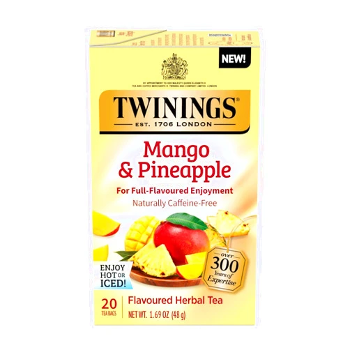 Twinings NEW Mango & Pineapple Herbal Tea Individually Wrapped Bags, 20 Count (Pack of 1), Naturally Caffeine-Free, Enjoy Hot or Iced