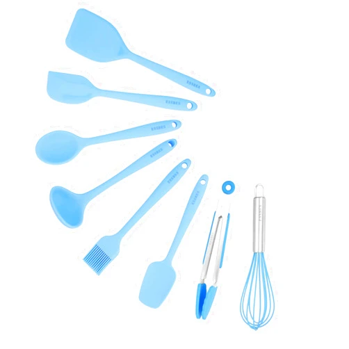 ESSBES Silicone Mini Kitchen Utensils set of 8 Small kitchen tools Nonstick Cookware with Hanging Hole (blue)