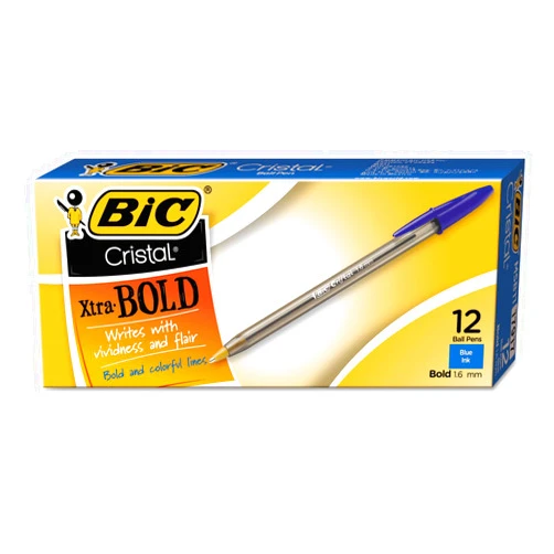 BIC MSB11BE Cristal Xtra Bold Ballpoint Stick Pen, Blue Ink, 1.6mm, Bold, Dozen