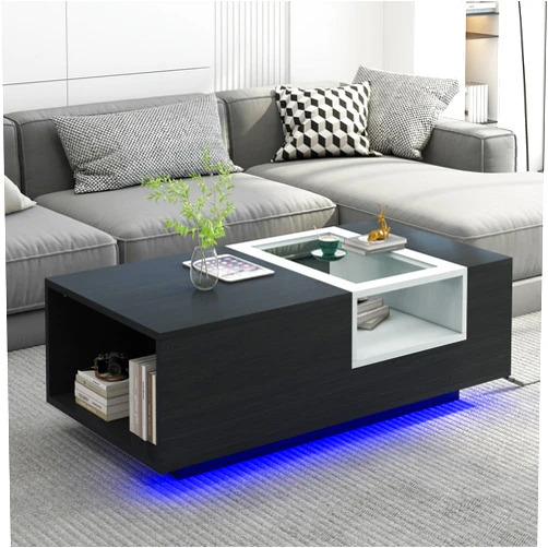 HAOHAOLIFE Contemporary Coffee Table with Storage and 16-Color LED Strip Lights, 47.5 Inch Rectangle Sofa Table, Easy Assemble Cocktail Table for Home, Office (Black)