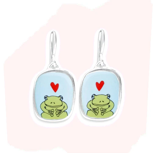 Mark Poulin Frog Earrings - Sterling Silver and Vitreous Enamel Dangle Earrings - Gift for Frog Lover