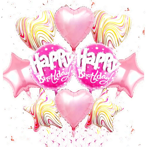 FacnyGather Happy Birthday Decorations Pink Balloons - Happy Birthday Balloons Pack Of 10 Foil Helium Mylar Agate Star Heart Shaped Balloons Hot Pink Birthday Balloon for Princess Girl Birthday Baby Shower