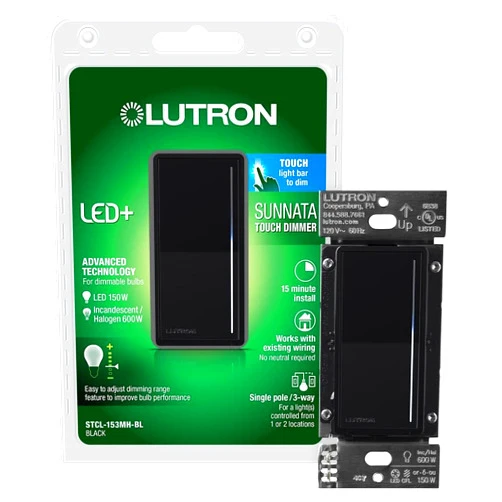 Lutron Sunnata Touch Dimmer Switch with LED+ Advanced Technology, for LED, Incandescent and Halogen, 3 Way/Multi Location, STCL-153M-BL, Black