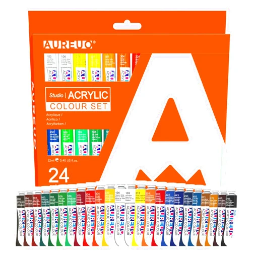 AUREUO Acrylic Paint Set 24 x 12ml / 0.4 Fl Oz Tubes Non-toxic Christmas Color Paints for Canvas, Wood, Craft Painting Supplies for Students & Beginners