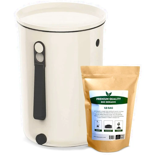 TeraGanix Organko Odor Free Compost Bin, Indoor Compost Starter Kit w/ 1 Lb Bokashi Bran, Countertop Kitchen Compost Bin, Airtight Seal, Spigot, Dishwasher Safe (Cream)