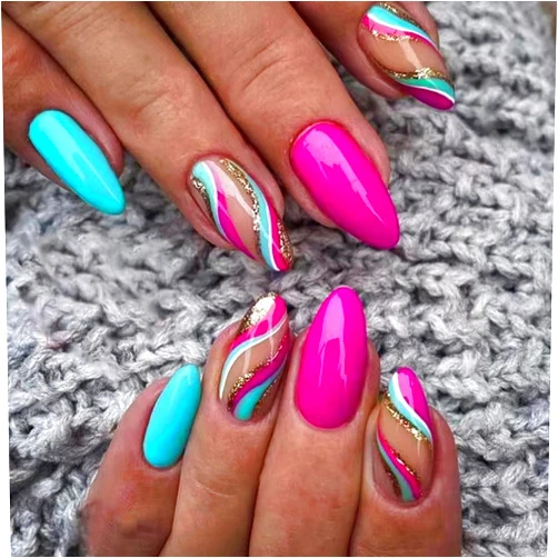 FADOORA Almond Press On Nails Short Pink Blue Press On Nail Acrylic Press On Nails False Nails with Designs Stick On Nails 24PCS Glue On Nails