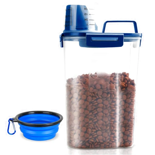 TIOVERY Upgraded Dog Food Storage Container Small, Cat Food Container Airtight, Pet Food Container Dispenser with Pour Spout, Measuring Cup and 4 Seal Buckles for Dogs, Cats, Birds (Blue)