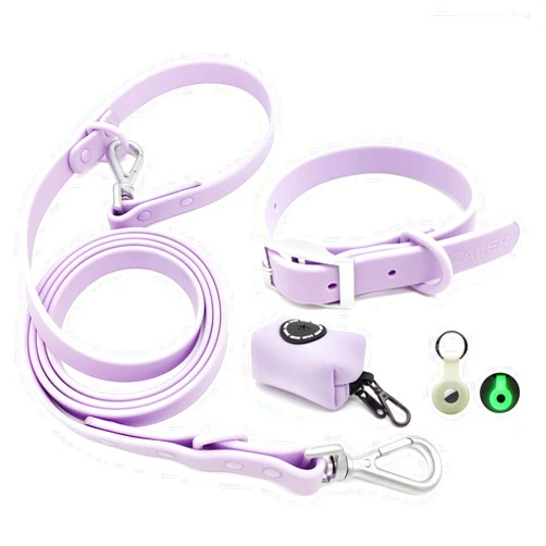 ZALER Dog Collar and Leash Set, Waterproof Adjustable Stinkproof Pet Collars Leashes for Large, Medium Small Dogs, 6FT Dog Leash with Airtag Dog Collar Holder and Dog Poop Bag Holder (S, Purple)