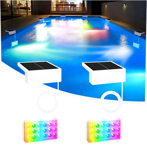 Vangue Solar Pool Lights, Solar Powered LED with IP68 Waterproof, 16 Colors, 7 Brightness Levels, and Timer for Swimming, Inground and Above Ground (Solar Pool Lights 2 Pcs)