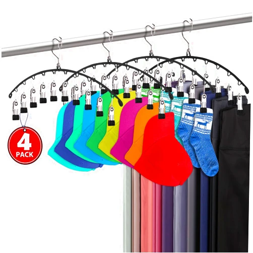 Wdmiya Legging Organizer & Pants Hangers for Closet, 4 Pack/40 Clips Metal Pants Hangers with Rubber Coated Clips, Hanging Storage Closet Organizer for Hat/Shorts/Jeans/Yoga Pants/Scarves/Clothes (Black)