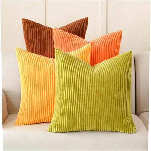 Volcanics Set of 4 Fall Orange Corduroy Decorative Throw Pillow Covers 20x20 Inch, Modern Yellow Green Gradient Couch Pillow Covers, Rustic Western Striped Cushion Covers for Bed Sofa Living Room