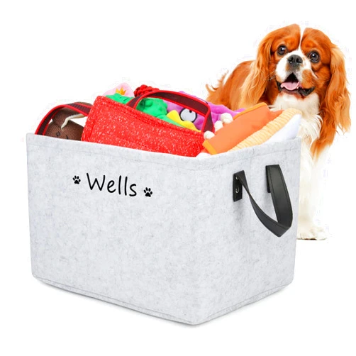 Cuperay Personalized Dog Toy Basket Storage with Leather Handle , Custom Name and Paw Heart Print Puppy Toy Bin , Felt Dog Toy Box for Organizing Food Clothes and Pets Accessories(L,Gray)