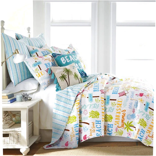 Homthreads by Levtex Home - Beach Days Quilt Set - Queen Quilt (88x92in.) + Two Standard Pillow Shams (26x20in.) - Coastal Beach - Teal Blue Yellow Green Brown Pink - Reversible - Cotton Fabric