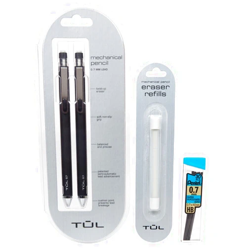 TUKIMA TUL 0.7mm Mechanical Pencils (1 2-pack), Eraser Refills (1 3-pack) & 30 Lead Refills Value Pack
