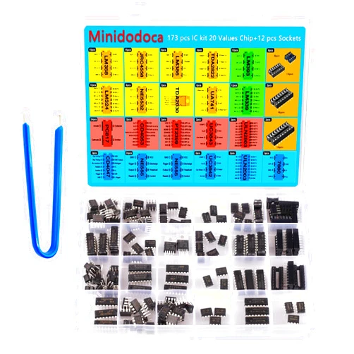 Minidodoca IC Chips kit Minidodoca 173 pcs 20 Values Chip Assortment Set+12 pcs Sockets;Integrated Circuits op amp kit 555 Timer IC Included NE555,LM358, LM324, LM393, LM339, NE5532, LM386,UA741,IC Plier etc