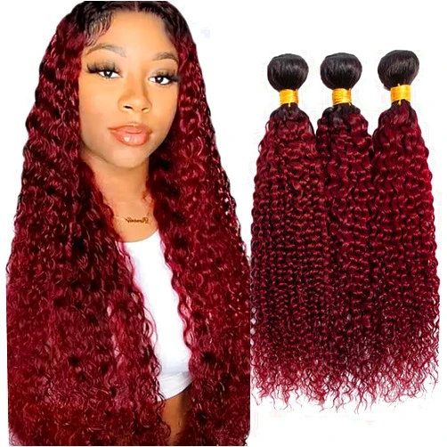 Biottihair Ombre Burgundy Human Hair Bundles 28 30 32 Inch 1B99J Dark Burgundy Curly Bundles Brazilian Virgin Remy Hair Extensions Tangle Free Ombre Kinky Curly Bundle Hair Weave