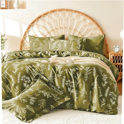 MUXHOMO Olive Green Bed in a Bag Queen 7 Pieces, Queen Comforter Set Reversible Botanical Flowers Design, Ultra Soft & Breathable Bedding Sets with Comforter, Sheets, Pillowcases & Shams
