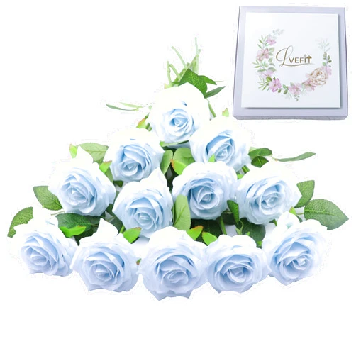 LVEFIT 12pcs Artificial Rose Flower Ice Blue Rose Flower with Long Stem Silk Roses Bouquet for Wedding Bridal Shower Party Home Decoration