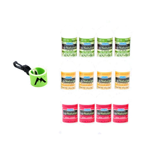 Lip Naturals Assorted Mini Lip Balms with Sunscreen (SPF-15) & Keychain - 12 Count, 3 Flavors: Tea Tree Mint, Vanilla Bean, Bing Cherry (0.10oz/3g Each) - Made in USA
