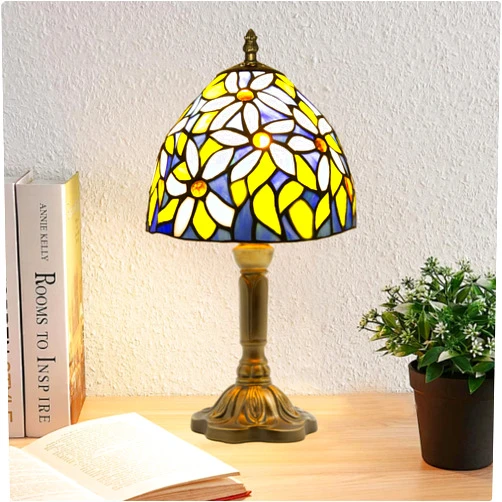 JHuiLap Tiffany Table Lamp, 8X14 inches Stained Glass Lamp,Handmade Vintage Lamp,Decor Bedside Bedroom Living Room and Study,Include E26 LED Bulb (White Flowers)