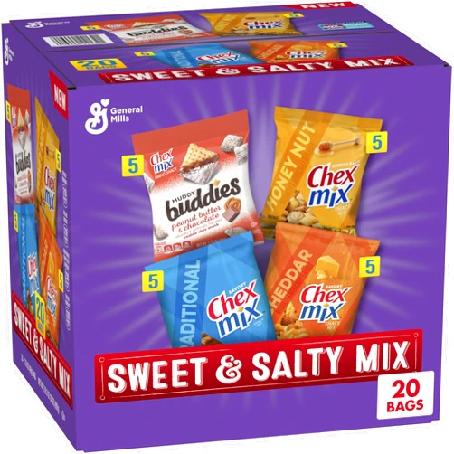 Chex Mix Sweet & Salty Snack Variety Pack, Muddy Buddies Peanut Butter & Chocolate, Chex Mix Traditional, Cheddar & Honey Nut, 35 oz (20 Bags)