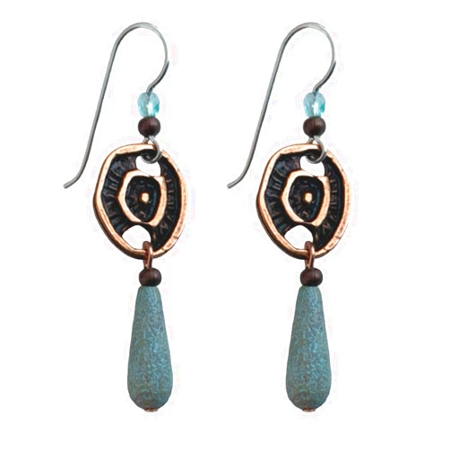 Seagrass and Sage Aegean Odyssey Organic Sea Green Antiqued Copper Earrings Glass Teardrop Beads Sterling Silver Earwires Ocean Pebbles Sea Urchins Freeform Abstract Circle Design Rustic Distressed Jewelry for Women