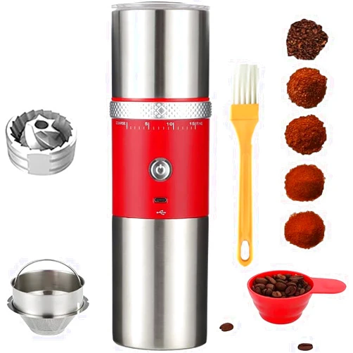 Iluckyla Portable Electric Conical Burr Coffee Grinders, Spice Grinder Electric, Bean Grinder,USB Rechargeable Coffee Maker Stainless Steel Coffee Bean Machine with 15 Fine to Coarse Grind Settings (Red)