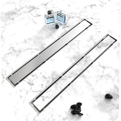 HTOH Shower Drain, 2 in 1 Linear Shower Drain 18 Inch(Brushed Nickel), 304 Stainless Steel Shower Floor Drain with Tile Insert Grate,Adjustable Feet,Hair Filter