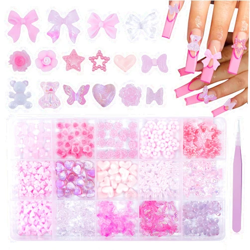 Uotey 3D Pink Assorted Charms+Nails, Acrylic Butterfly Heart Bear Bow+Pearls+Nail Charms, Assorted Pink Nail Charms for Nail Art Manicure DIY Crafts Jewel Accessories