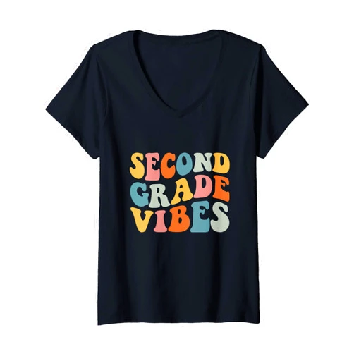 Back To School By AK'Skeet Womens Groovy Second Grade Vibes Face Retro Teachers Back To School V-Neck T-Shirt