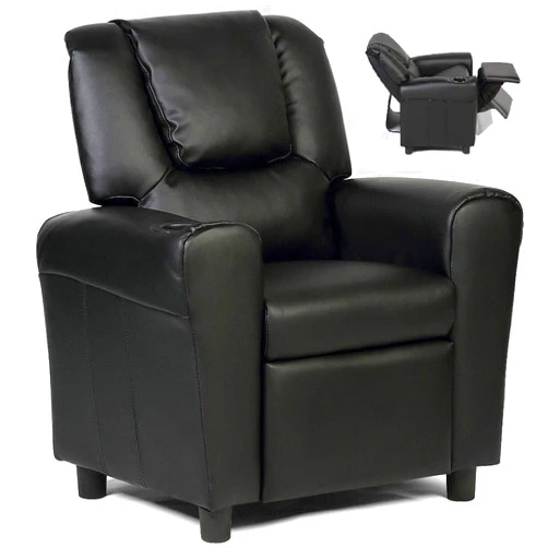 Costzon Kids Recliner Chair with Cup Holder, Toddler Furniture Children Armrest Sofa w/Headrest & Footrest for Girls Boys Baby Bedroom, Kids Room, PU Leather Kids Recliner Couch (Black)