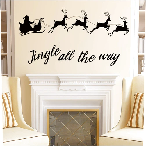 Clabby Christmas Santa Claus Wall Decal Elk Wall Stickers All The Way Quote Wall Sticker Living Room Winter Window Art Mural Black Removable DIY Wall Decals for Christmas Party Xmas Decorations