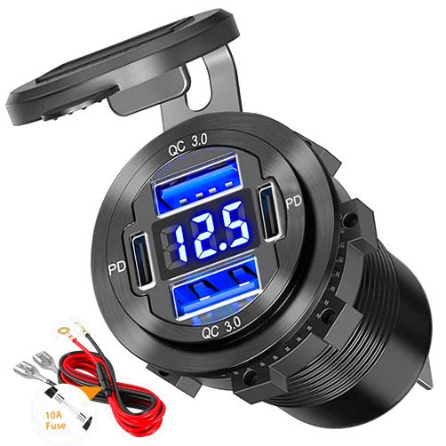 VANONE Dual PD USB C Ports & Dual USB Quick Charge 3.0 Ports Car Charger Socket, VANONE Aluminum Alloy Waterproof 12V USB Outlet, Accessories for Car Boat Marine Motorcycle RV ATV Truck Golf Cart, etc