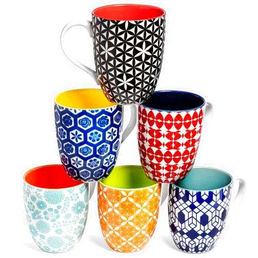Annovero Colorful Porcelain Mugs | Coffee Cups for Latte, Cappuccino, Tea, Cocoa, Mocha | Large 16 Oz Capacity | Comfortable Handle Keeps Fingers Away From Hot Glass | Set of 6