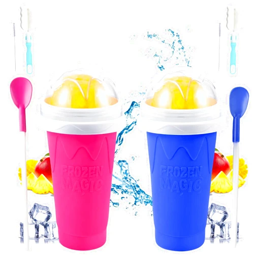 Generic 2 Pack Slushie Cup Maker with Sponge Brush & Straw Brush, Slushy Cup Maker, Frozen Magic Squeeze Cups with Lid & Straw for Smoothies, Milk, Juice and Ice Cream, Pink & Blue