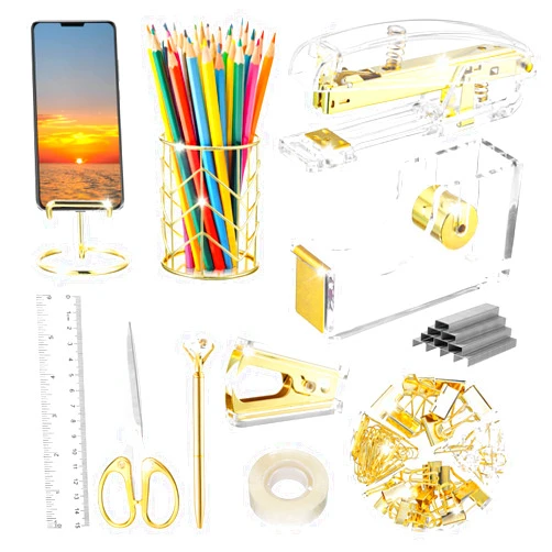 Aibocn Gold Desk Accessories, Office Supplies, Acrylic Stapler, Staple Remover, Tape Holder, Pen Holder, 1000pcs Staples, Diamond Pen, Phone Holder, Scissors, Binder Clips and Ruler, Transparent Glue