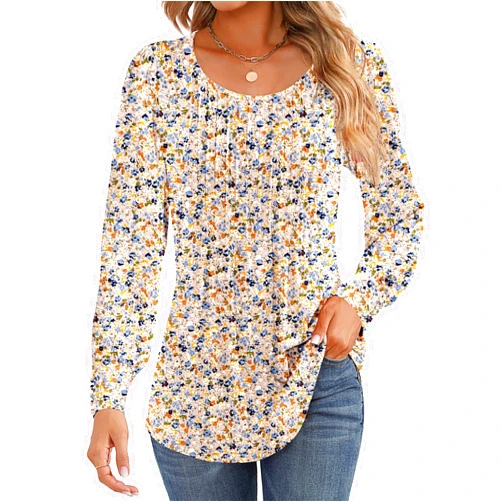 Ficerd Women's Puff Long Sleeve Tunic Tops Pleated Crew Neck Blouses Dressy Casual Loose Fit Winter and Spring Shirts