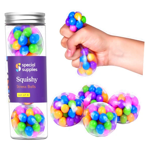 Special Supplies Squishy Stress Ball Squeeze, Color Sensory Toy, Relieve Tension, Anxiety, ADHD, Home, Travel and Office Use, Fun for Kids and Adults (4-Pack)