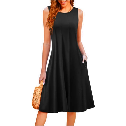HOTOUCH Summer Casual Dresses for Women Sleeveless Midi Dress Swing Tank Sundress Pleated Tshirt Dress with Pockets