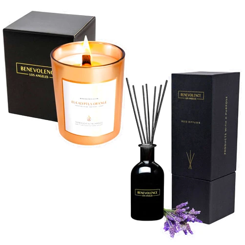 Benevolence LA Eucalyptus Orange Candle and Lavender & Eucalyptus Reed Diffuser Set | 8 oz Scented Candles for Home Scented | Fragrance Diffuser | Spring Scented Candles and Reed Diffusers for Women