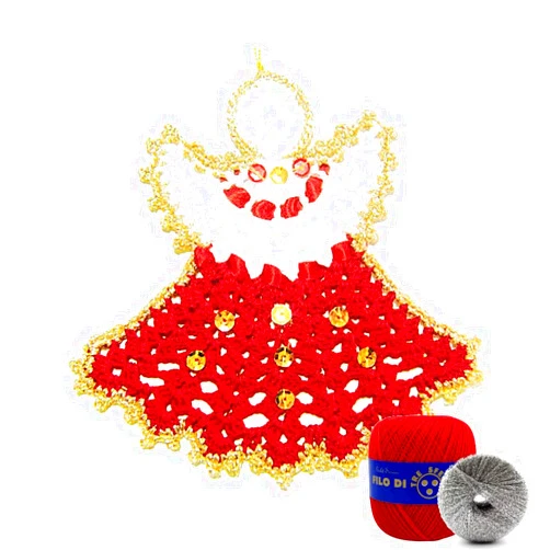 Handmade Red Crochet angel with Silver border for Christmas tree decorations 5.5x5.5 inc (14x14 cm) - Made in Italy