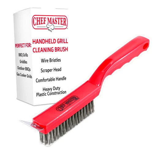 Chef Master Grill Brush & Scraper, Heavy Duty Plastic Handheld Grill Cleaning Brush, Scraper Head with Tough Wire Bristles Grill Brush for Grill Grates, Outdoor BBQ Grill & Grilling Accesories - 90044
