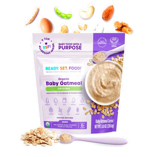 Ready, Set, Food! Ready Set Food Organic Baby Oatmeal Cereal – Safe & Easy Early Allergen Exposure for Babies 6+ Months, Organic Baby Food with 9 Top Allergens: Organic Peanuts, Milk, Eggs, Cashews & More (15 Servings)