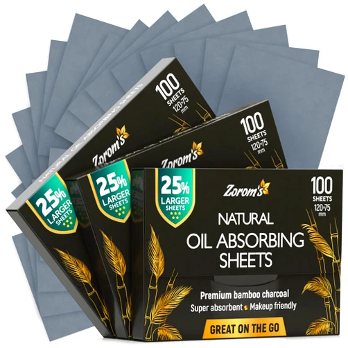 ZOROM'S Natural Oil Blotting Sheets for Face with Bamboo Charcoal - 25% Larger - 3pk/300 Makeup Friendly Blotting Papers for Face - Easy Dispensing Oil Absorbing Sheets for Face