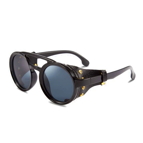 FEISEDY Retro Round Steampunk Sunglasses Women Men Vintage Eyewear Light Plastic Frame with Leatherwear B2532