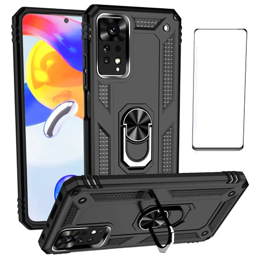 WVOZWWO for Xiaomi redmi Note 11 Pro 4G/5G Case with Screen Protector,Slim Fit Military Protection Shockproof Armor Defender Protective Back Cover Phone Case for Redmi Note 11 pro (6.67'') (Black)