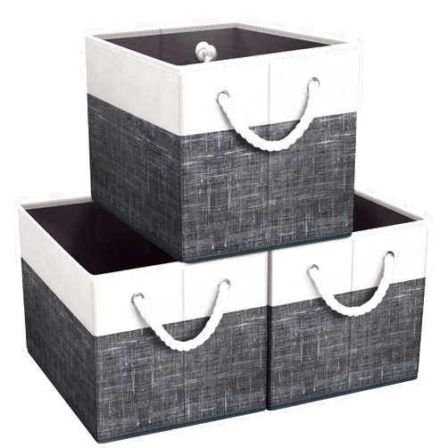Fab totes Storage Bins [3-Pack], Foldable Storage Baskets for Organizing Toys, Books, Shelves, Closet, Large Storage Box with Rope Handles, Sturdy Organizer Bins, White & Black