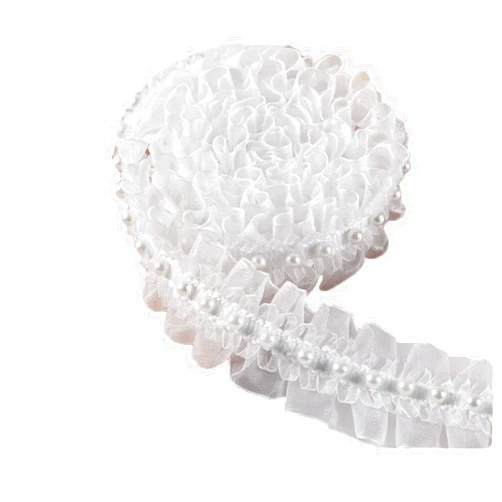 ArrErr Lace Ribbon Trim Organza 2 Yard 1.8 Meter White Pearl Beads Pleated String Satin Flower Leaf Ruffle Tulle Fabric Edge for DIY Wedding Dress Sewing Clothing Collar Curtain Crafts Costume Decor