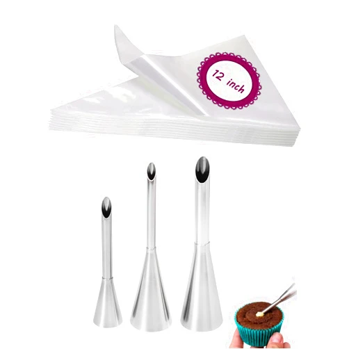 MuYwa Cupcake & Doughnut Filler Tool with 3 Bismarck Piping Tips and 20 Disposable Piping Bags 12 inch